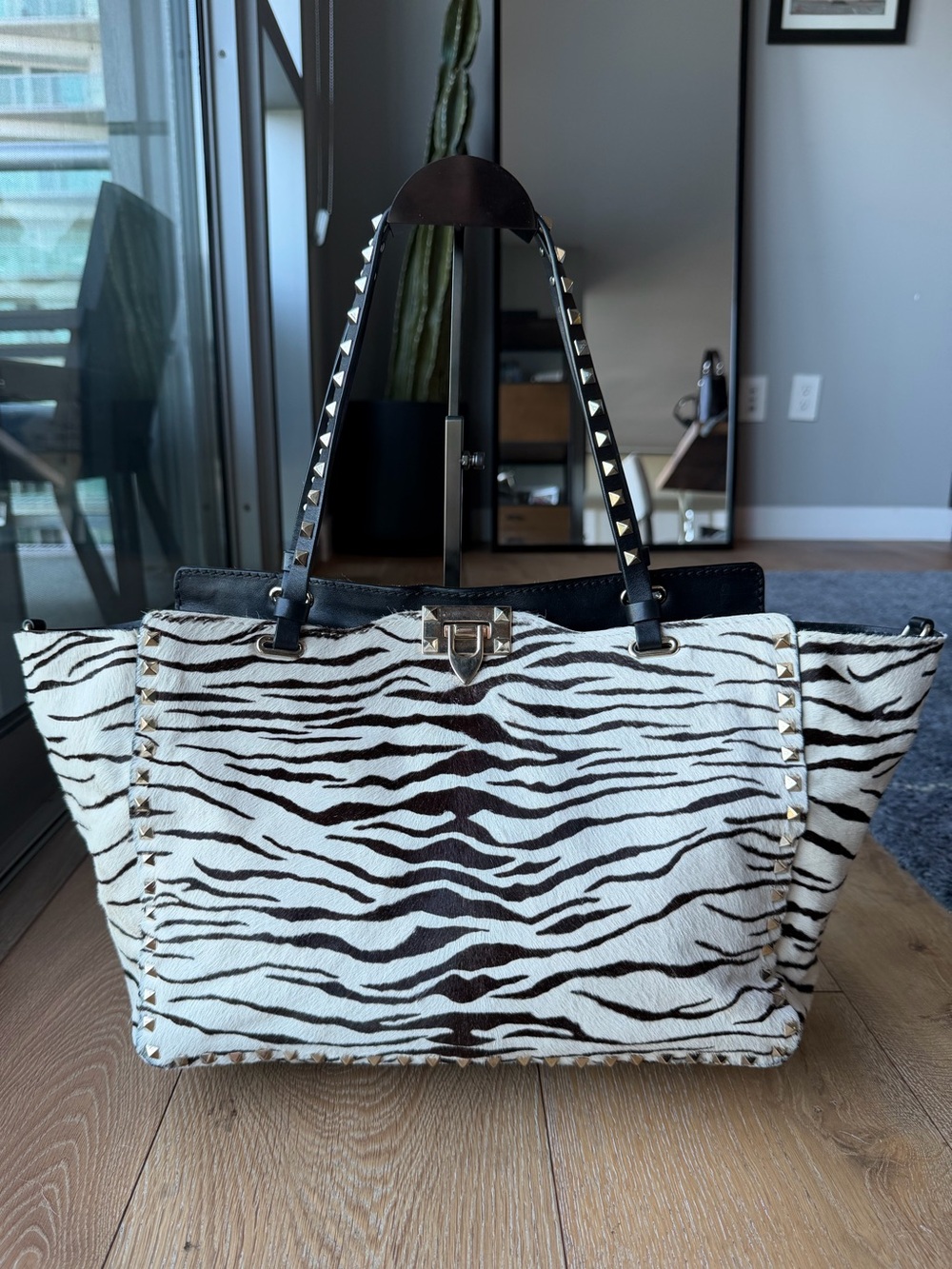Valentino Garavani Zebra Print Calf Pony Hair Rockstud Trapeze Tote Bag